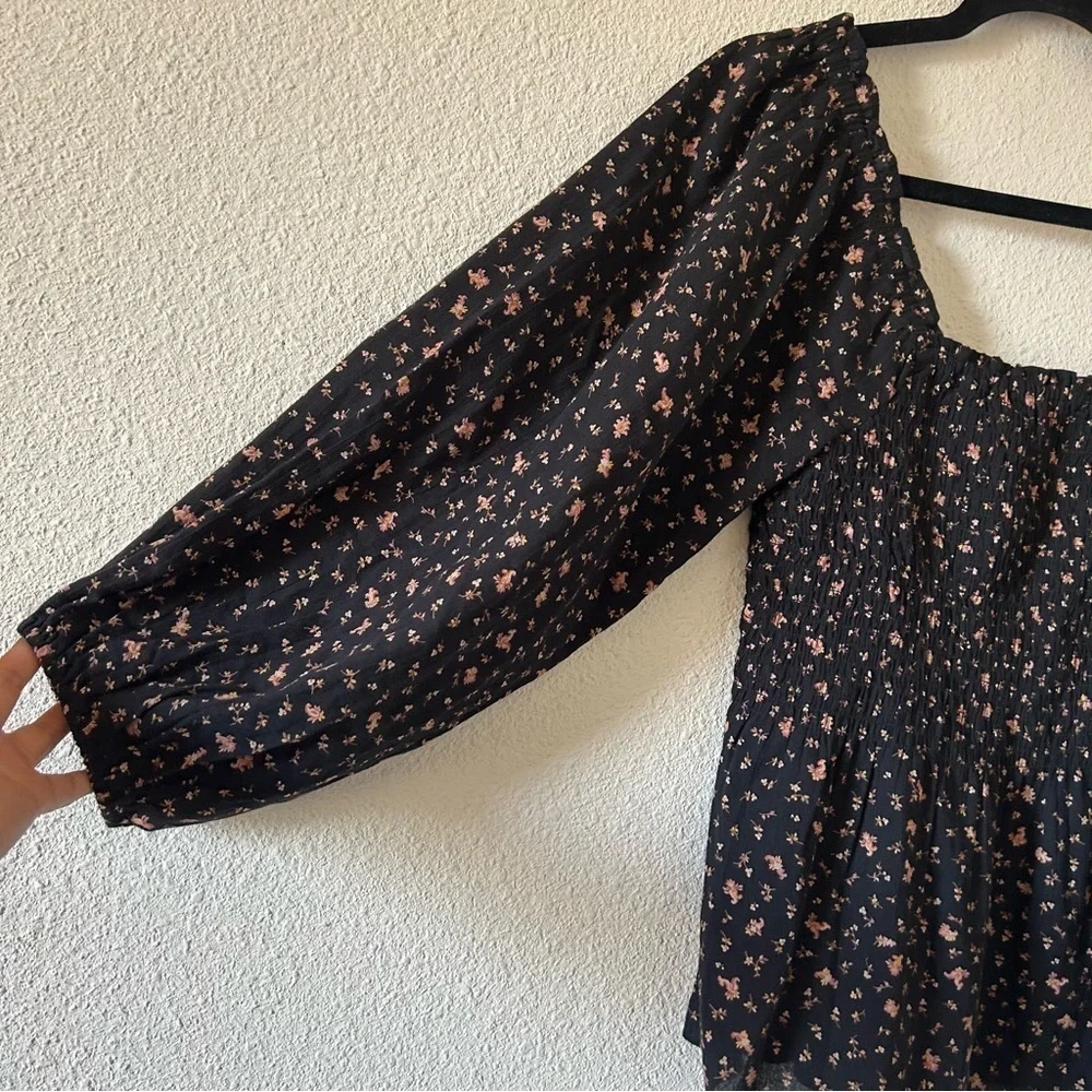 Madewell Women’s Peasant Smock Blouse Sz 4 Black Dixie Floral Print Cottage Core